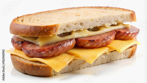 Sandwich with cheese and sliced ​​sausage on clean white background, close-up