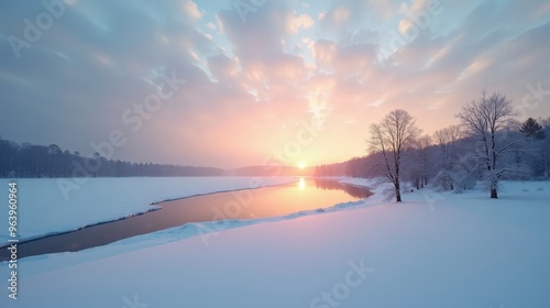 Winter Sunrise Scenic View Over Snowy Terrain With Frozen Lake And Clear Blue Sky