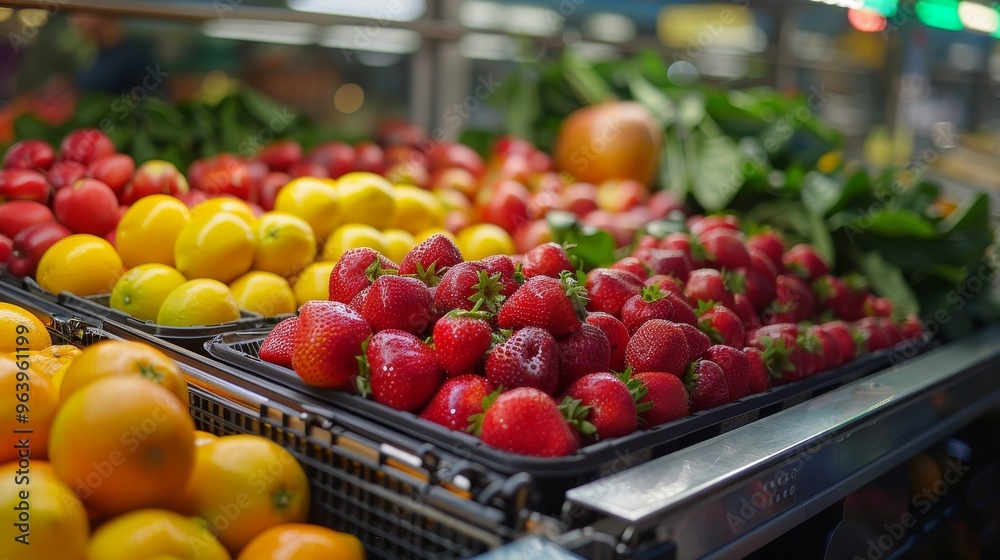 Fresh Strawberries Lemons and Oranges in a Market Display Fresh Strawberries Lemons and Oranges in a Market Display