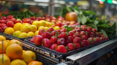 Fresh Strawberries Lemons and Oranges in a Market Display