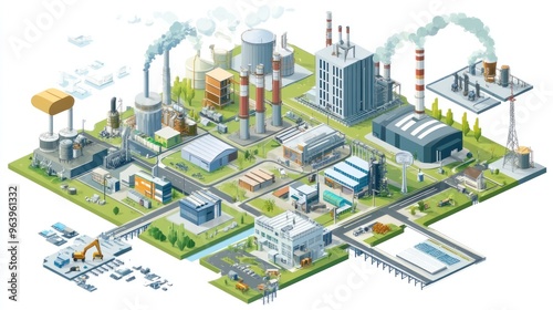isometric of a visual representation of a hydrogen economy, with industries, transportation, and homes powered by hydrogen