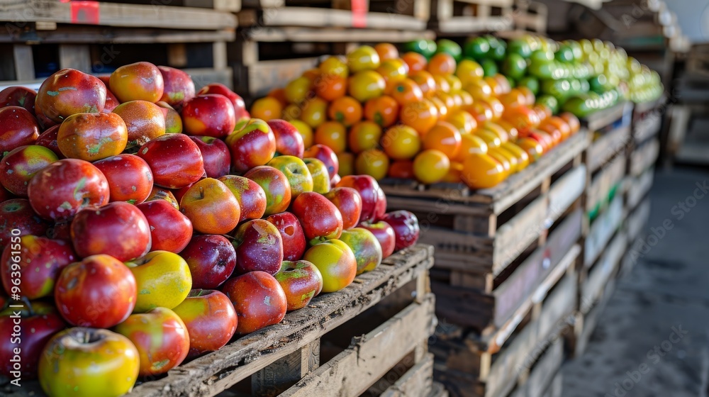 Fresh Organic Red Yellow and Green Apples on Wooden Crate Display Fresh Organic Red Yellow and Green Apples on Wooden Crate Display