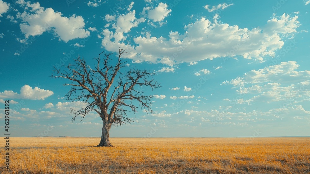 Fototapeta premium A lone tree stands in a field of tall grass
