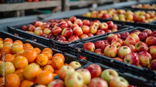 Fresh Red and Orange Fruits in Plastic Crates at Market