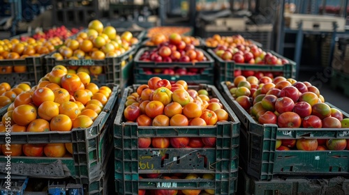 Fresh Organic Tomatoes in Green Crates at Market