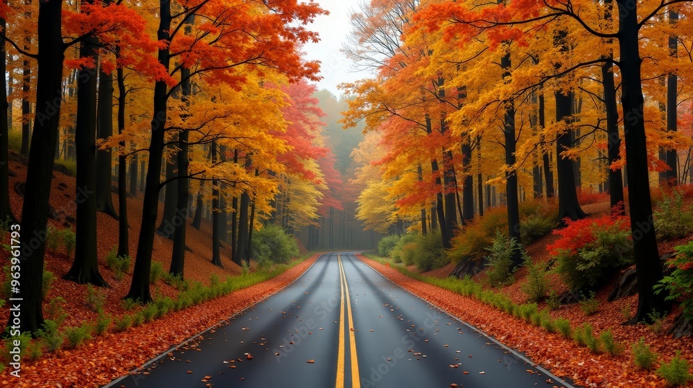 Fototapeta premium Vibrant Autumn Landscape With Leaves Covering Serene Road