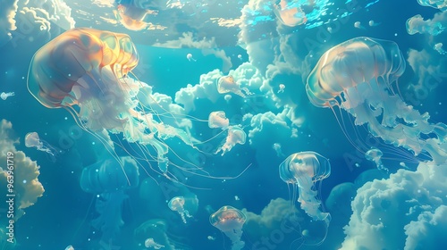 Dreamy Jellyfish Underwater With Clouds