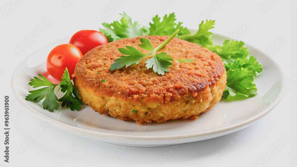 The white background highlights the vegetarian cutlet on the white plate, creating a sleek and clean look. The white background highlights the vegetarian cutlet on the white plate, creating a sleek and clean look.