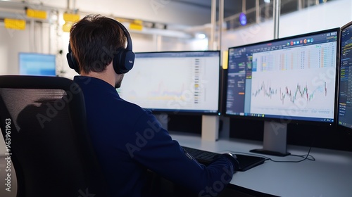 Person sitting in front of computer screens with headphones, analyzing charts and data. Focused individual working with financial or analytical tools in a modern digital environment,