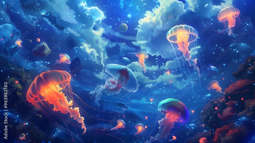 Naklejka premium Jellyfish Swimming in a Starry Sky