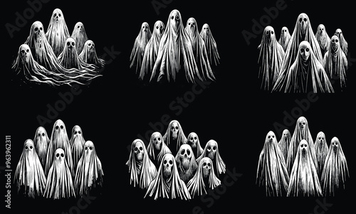 Happy Halloween Ghost in white sheet Hand drawn Spirit Sketch Retro line art icon style and Vector Illustration. Lettering doodles spooky Classic elements for stickers, logo, banners, posters.