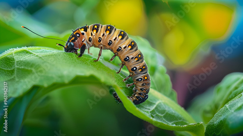 Green caterpillar crawls on leaf transforming into beautiful butterfly generated by artificial intelligence ai generative..