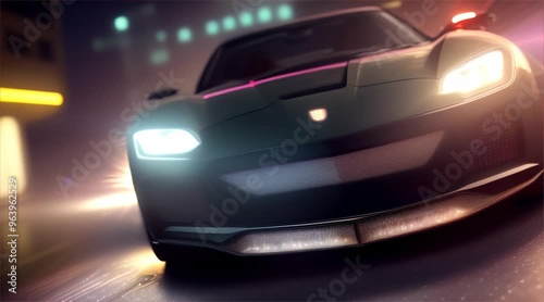 Sports car driving on asphalt road in beautiful city background. 3d rendering and illustration