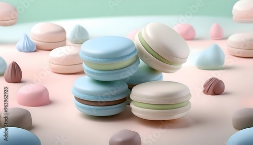 3d render of multi-colored macarons on a white background.