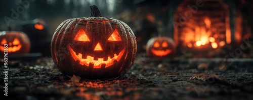 A glowing jack-o'-lantern sits on the ground near a warm outdoor fire, surrounded by other pumpkins in a dark forest during Halloween.