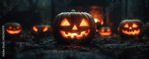 Near a warm fire, a glowing jack-o'-lantern sits amidst other pumpkins, casting a spooky glow in the dark forest during Halloween.