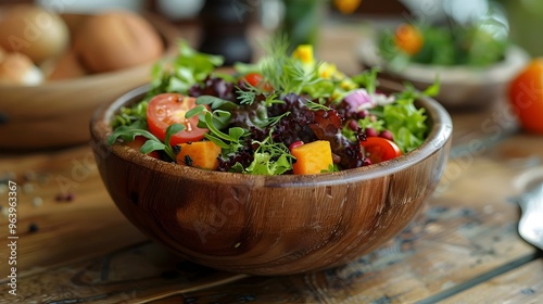 Fresh Organic Mixed Salad with Cherry Tomatoes, Herbs, and Croutons in Rustic Wooden Bowl on Wooden Table