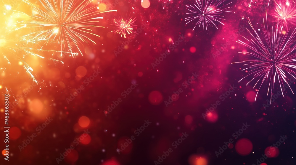 Fototapeta premium Festive Fireworks Display on Dark Night Sky: New Year's Eve Celebration Background with Sparkling Lights and Bokeh Effect 