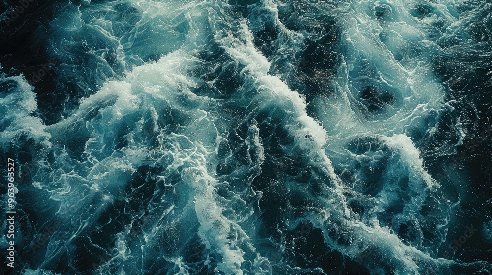 A close-up top view of wild river waves and rapids