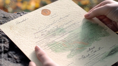A close-up of hands holding an ornate, textured document on a stone surface, with a soft outdoor background, blending nature with official paperwork.