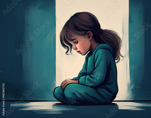 illustration of sad and lonely young girl sitting by herself, loneliness concept