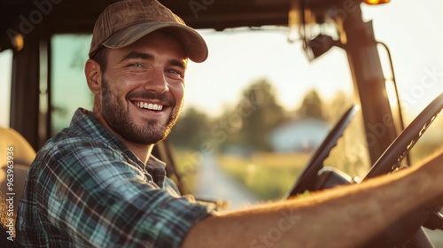 Farmer's joy in agriculture, captured on a tractor.