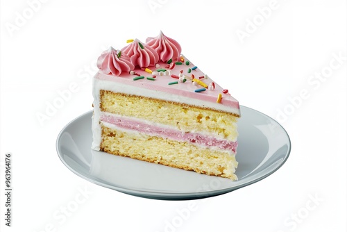 A slice of vanilla cake with pink frosting and colorful sprinkles. photo