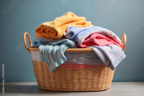 Clothes in a laundry wooden basket isolated on white background
