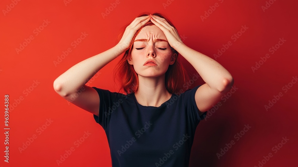 Tired woman in navy shirt rubs nose and eyes.