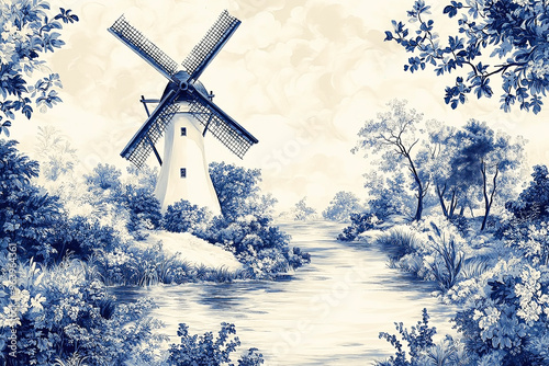 Traditional Dutch delft blue and white landscape scene with a windmill.