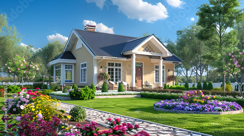 Charming white farmhouse with a lush green lawn and colorful flower gardens ai generative..