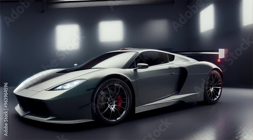 3D illustration of a model generic sports racing car standing in a dark garage on pit lane with lights.