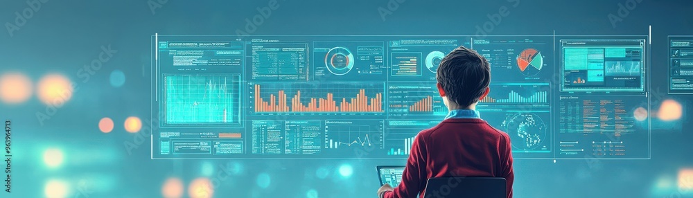 A child interacts with a futuristic digital interface, engaging in data analysis and technology exploration through innovative visuals. A child interacts with a futuristic digital interface, engaging in data analysis and technology exploration through innovative visuals.