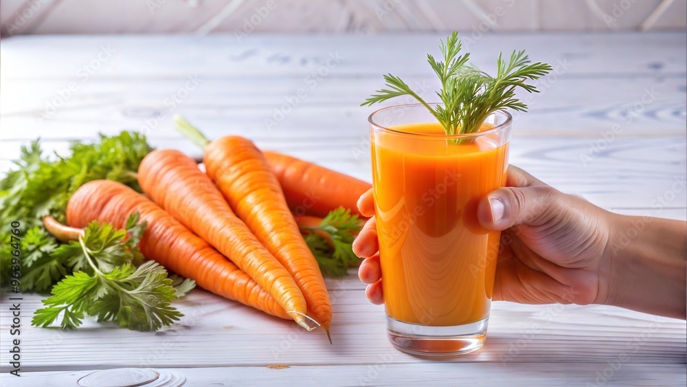 Fresh carrot juice in hand with whole carrots, immune-boosting vitamin drink Fresh carrot juice in hand with whole carrots, immune-boosting vitamin drink