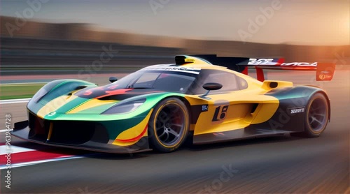 3D animation of a modern sports car driving at high speed on a race track. Powerful acceleration of a supercar on a night race track with lights