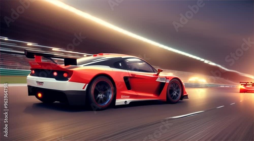 3D animation of a modern sports car driving at high speed on a race track. Powerful acceleration of a supercar on a night race track with lights