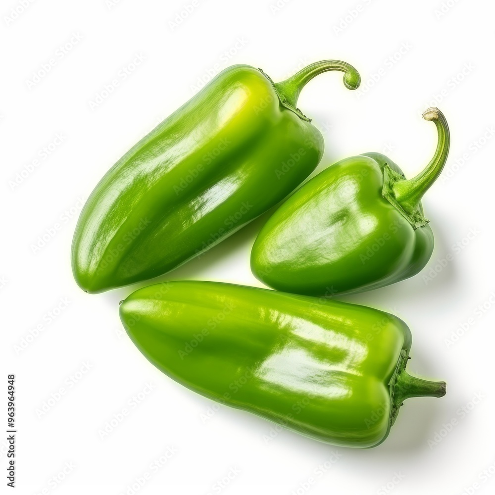 Fresh green peppers arranged on a white surface showcasing their vibrant colors and varying sizes Fresh green peppers arranged on a white surface showcasing their vibrant colors and varying sizes
