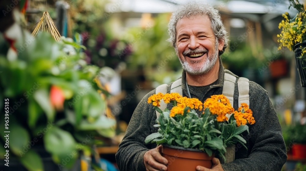 Man with plant in garden center, laughing