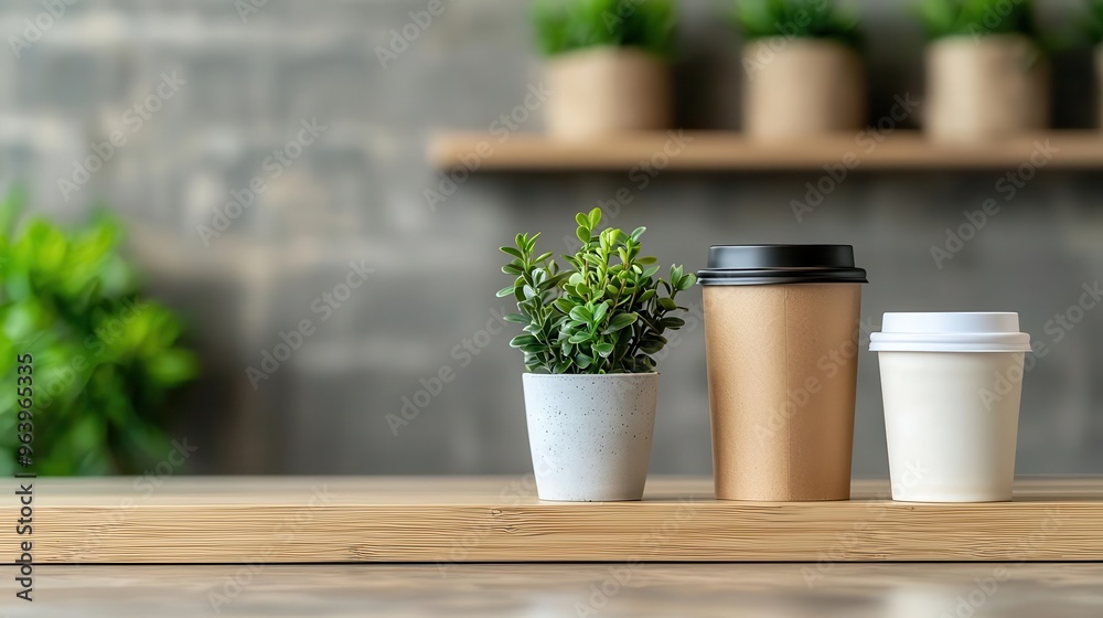 Cozy scene featuring coffee cups and greenery, perfect for showcasing modern cafe aesthetics and relaxation. Cozy scene featuring coffee cups and greenery, perfect for showcasing modern cafe aesthetics and relaxation.