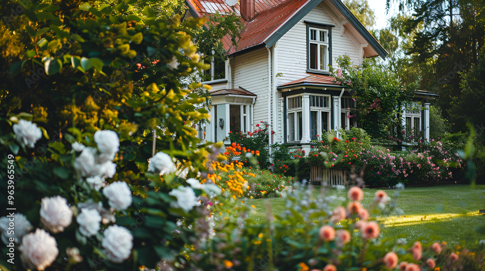 Charming white farmhouse with a lush green lawn and colorful flower gardens ai generative.. Charming white farmhouse with a lush green lawn and colorful flower gardens ai generative..