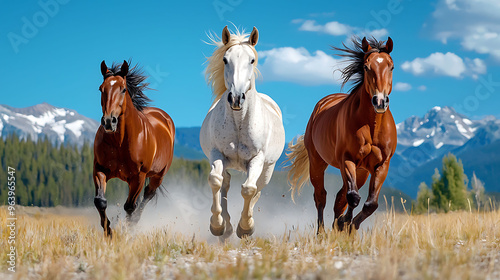 Three Horses Running in a Field with Mountains in the Background