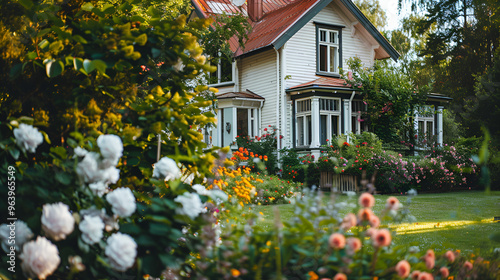 Charming white farmhouse with a lush green lawn and colorful flower gardens ai generative..