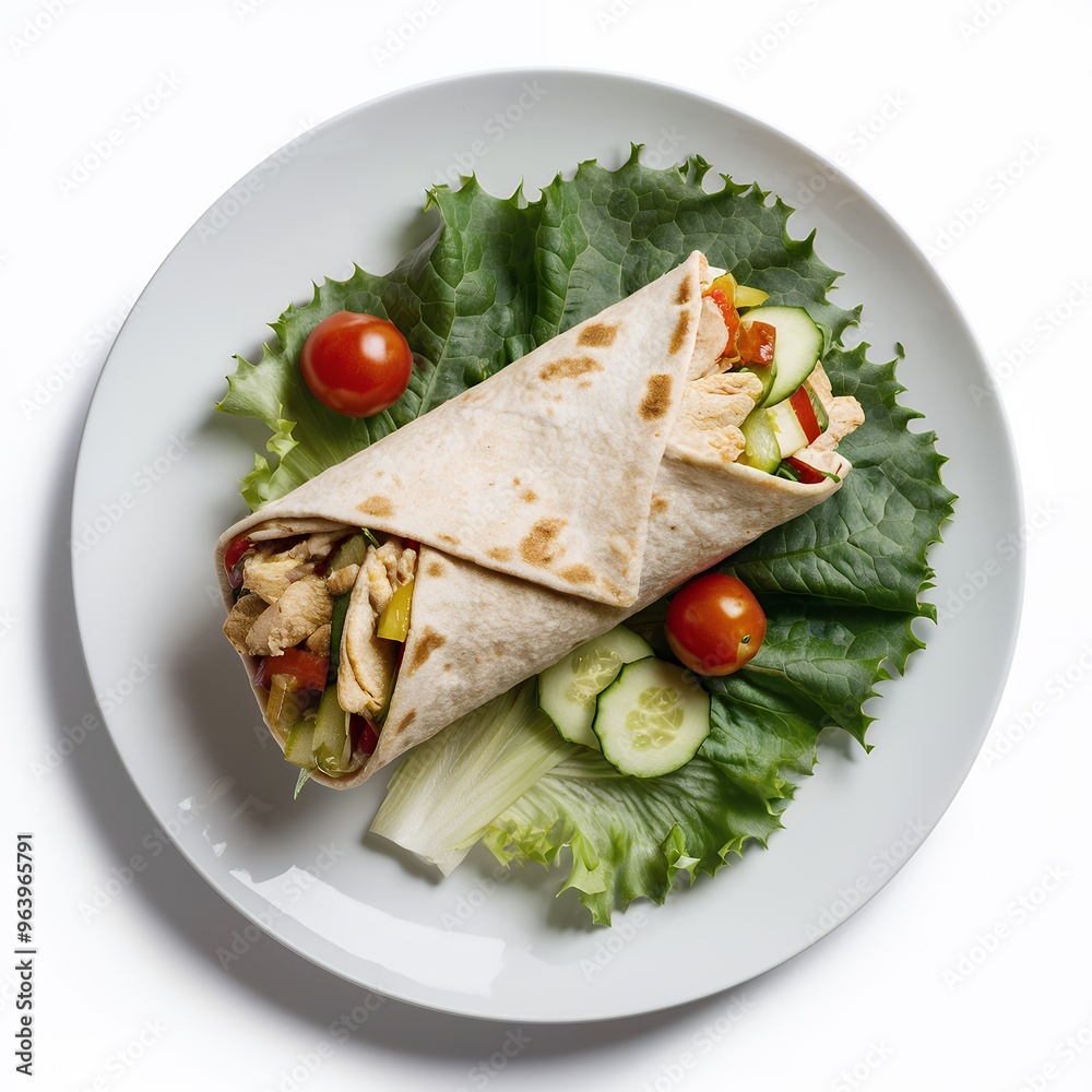 Wrap filled with grilled chicken and fresh vegetables. Isolated on white background Wrap filled with grilled chicken and fresh vegetables. Isolated on white background