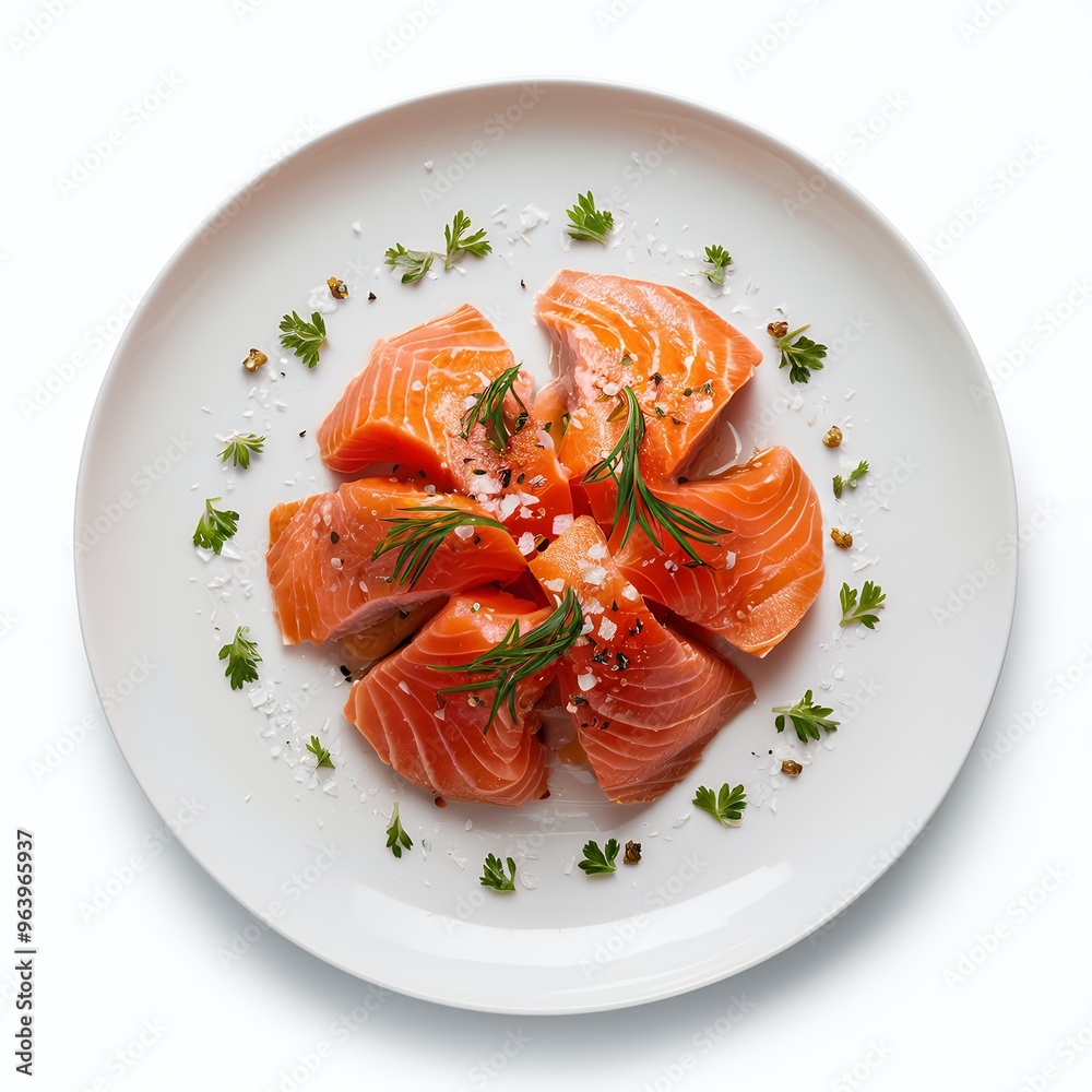 Freshly sliced salmon fillets on a white plate Freshly sliced salmon fillets on a white plate