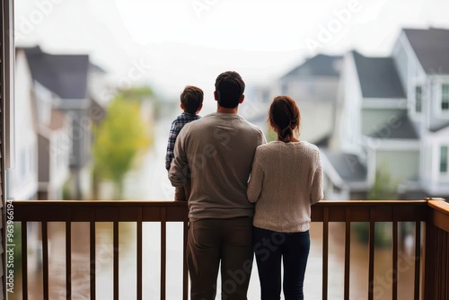 A family standing on the second floor of their home, looking out over a flooded street below, Symbol of concern, Urban housing challenges