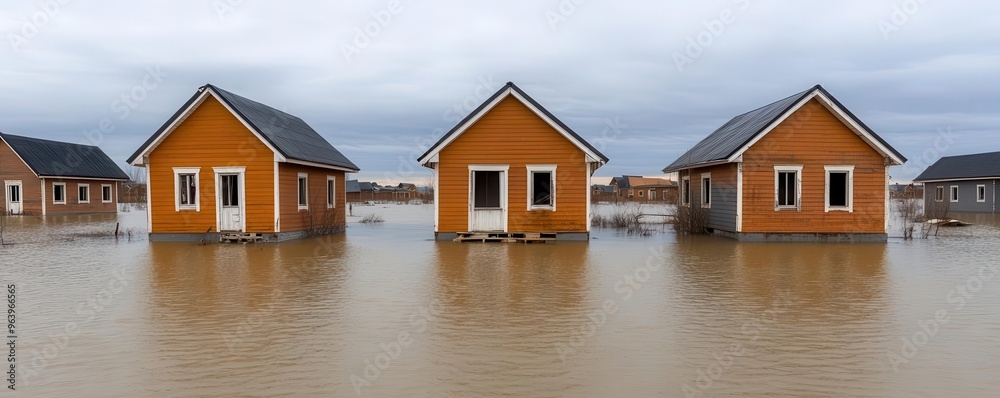 An abandoned urban neighborhood with water-damaged homes left behind after a devastating flood, symbolizing desolation and urban decay in the aftermath of disaster. An abandoned urban neighborhood with water-damaged homes left behind after a devastating flood, symbolizing desolation and urban decay in the aftermath of disaster.