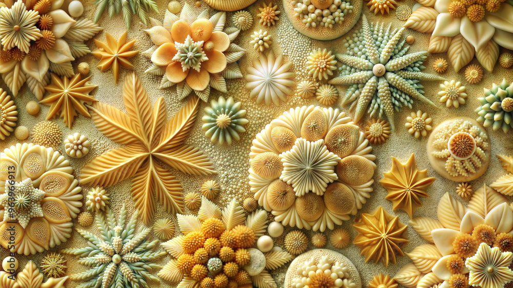 Obraz premium Crystal-Clear Marine Organisms Texture on Sandy Background, Underwater Detail