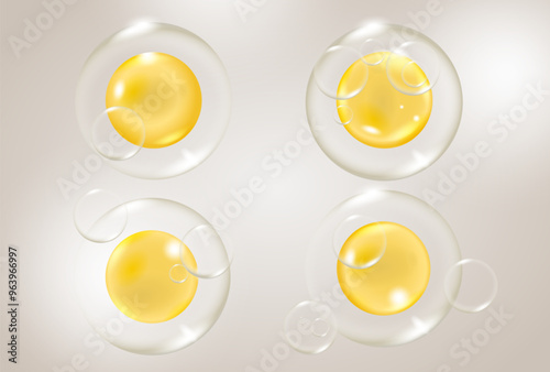 Gold oil bubbles isolated on transparent background. Cosmetic vitamin capsule or omega 3 oil capsule.