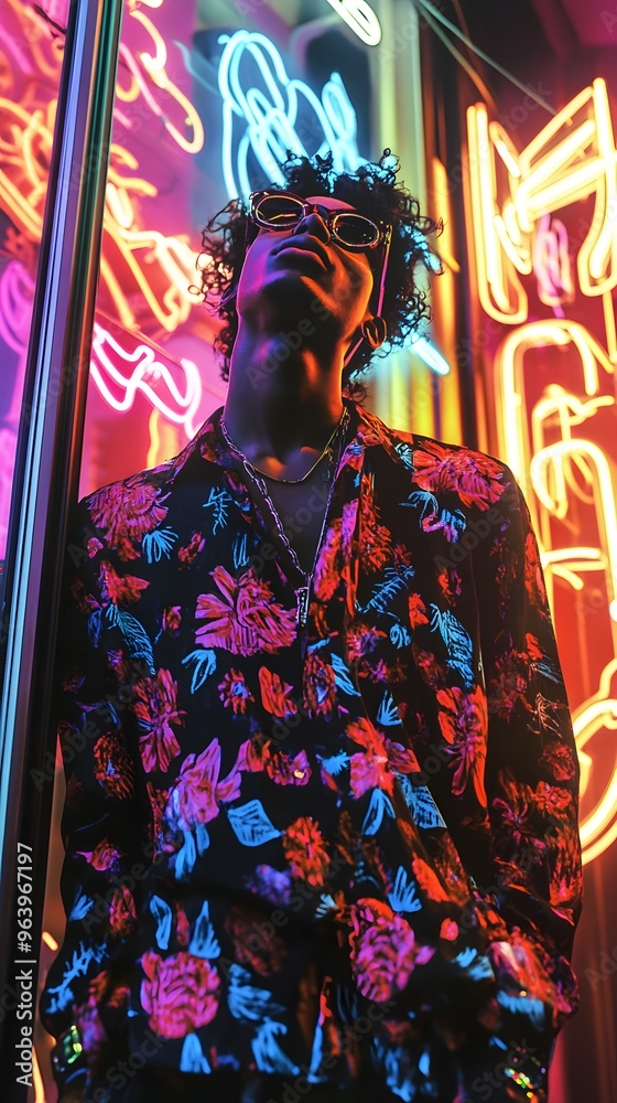 Obraz premium 38. An artist standing in front of a neon sign, vibrant and energetic