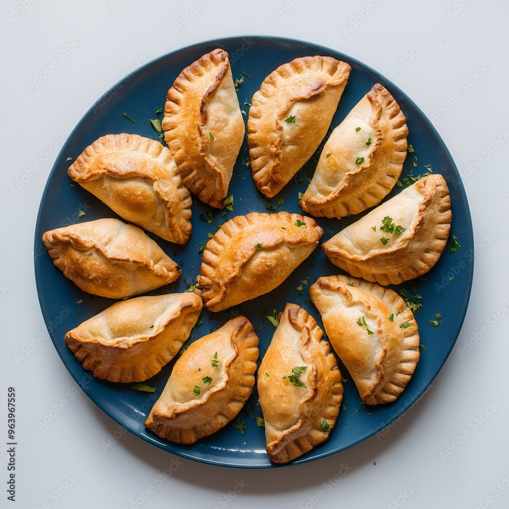 Homemade savory pastries on a blue plate Homemade savory pastries on a blue plate